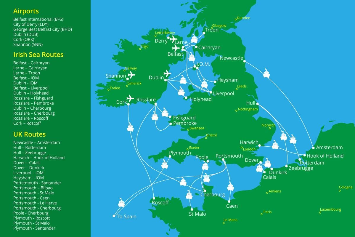 la mappa dei porti di traghetto in irlanda